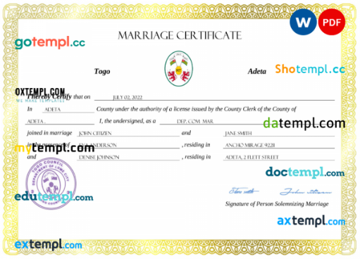 Togo marriage certificate Word and PDF template, fully editable