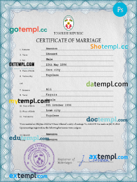 Togo marriage certificate PSD template, completely editable