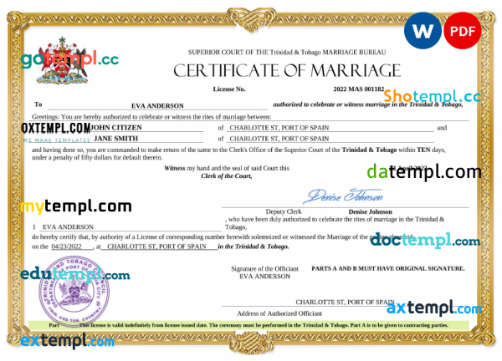 Trinidad and Tobago marriage certificate Word and PDF template, completely editable