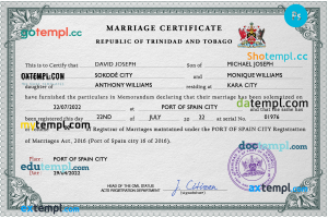 Trinidad and Tobago marriage certificate PSD template, fully editable