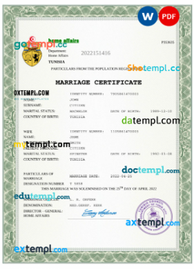 Tunisia marriage certificate Word and PDF template, fully editable