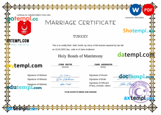 Turkey marriage certificate Word and PDF template, completely editable