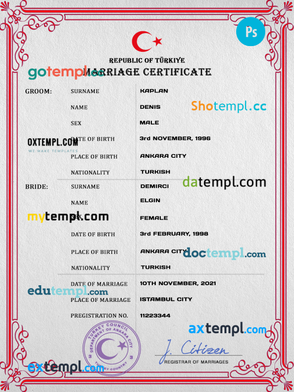 Turkey marriage certificate PSD template, fully editable