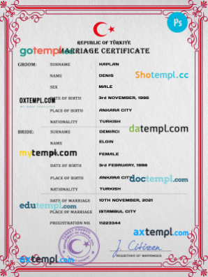 Turkey marriage certificate PSD template, fully editable