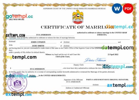 UAE marriage certificate Word and PDF template, fully editable