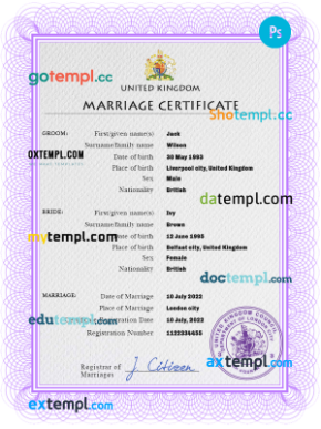 United Kingdom marriage certificate PSD template, fully editable