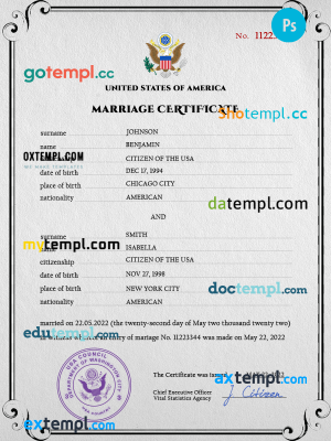 USA marriage certificate PSD template, completely editable