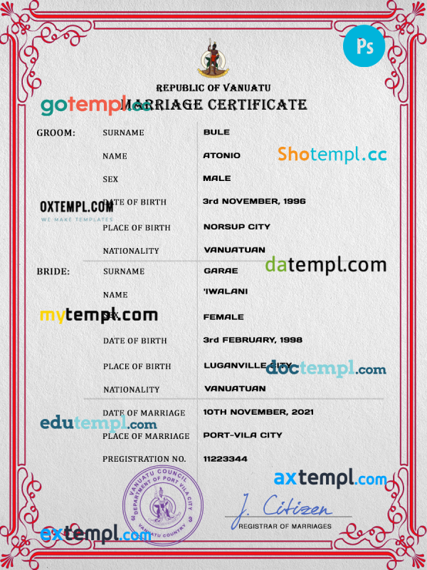 Vanuatu marriage certificate PSD template, fully editable