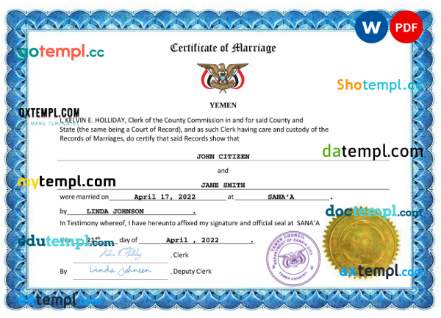 Yemen marriage certificate Word and PDF template, completely editable