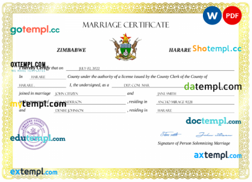 Zimbabwe marriage certificate Word and PDF template, completely editable