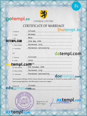 cherish universal marriage certificate PSD template, completely editable