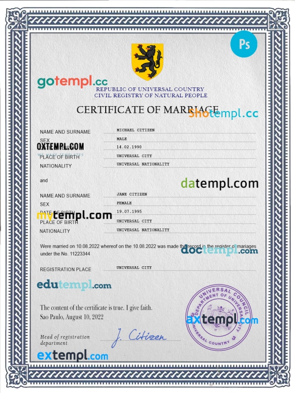 experienced universal marriage certificate PSD template, completely editable