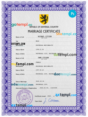focal universal marriage certificate PSD template, fully editable