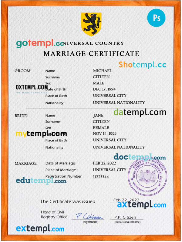 foregorund universal marriage certificate PSD template, completely editable