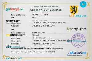 red-eye universal marriage certificate PSD template, completely editable