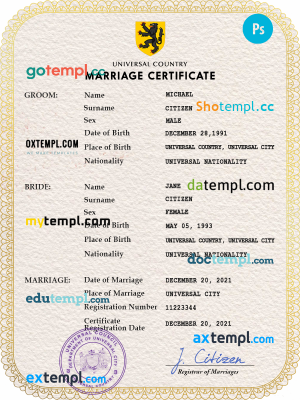 refined universal marriage certificate PSD template, fully editable