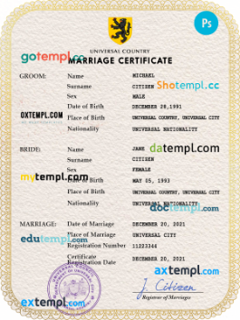 refined universal marriage certificate PSD template, fully editable