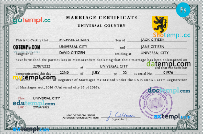 snapshot universal marriage certificate PSD template, fully editable