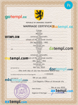 stock universal marriage certificate PSD template, fully editable