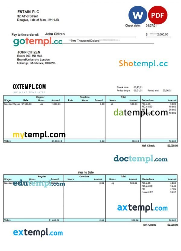 United Kingdom pay stub template in Word and PDF format, fully editable