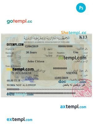 Algeria travel visa PSD template, with fonts