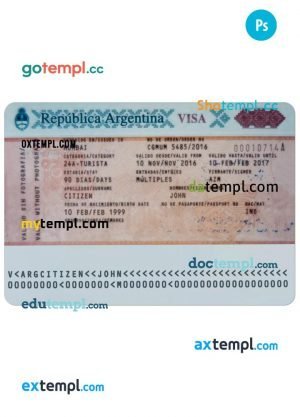 Argentina entrance visa PSD template, fully editable