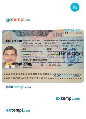 Azerbaijan travel visa PSD template, with fonts