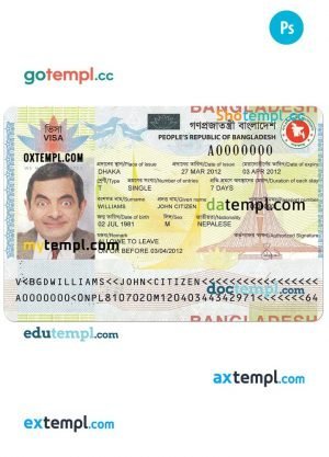 Bangladesh entry visa PSD template, completely editable, with fonts
