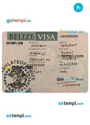 Belize travel visa PSD template, with fonts