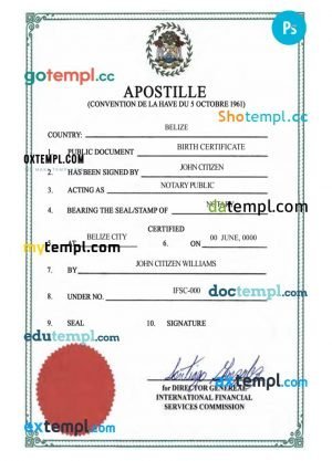 Belize birth certificate, Apostille PSD template, completely editable, version 2