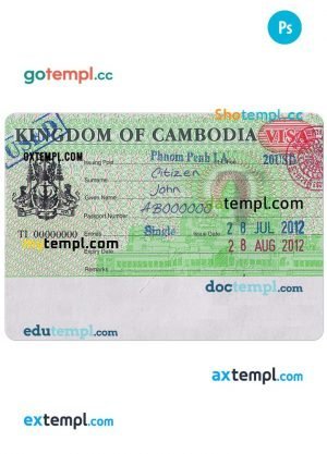Cambodia entry visa PSD template, fully editable