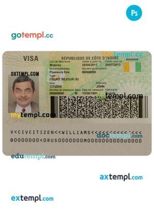 Cote D’Ivoire entrance visa PSD template, fully editable
