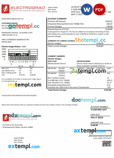 Ukraine Elektrograd electricity utility bill template in Word and PDF format