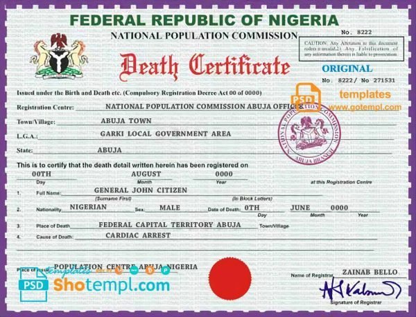 Nigeria vital record death certificate PSD template, version 2