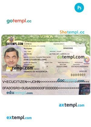 Ecuador entry visa PSD template, with fonts