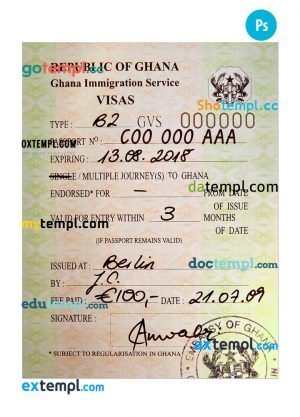Ghana travel visa PSD template, with fonts