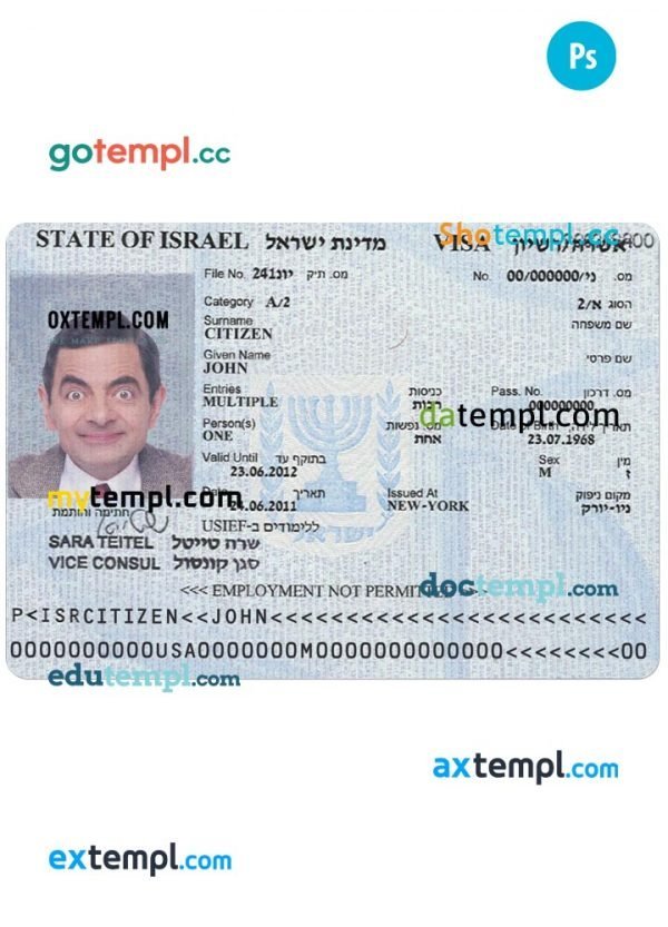 Israel tourist visa PSD template, completely editable, with fonts