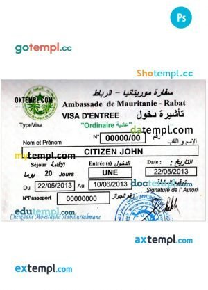 Mauritania – Rabat travel visa PSD template, completely editable