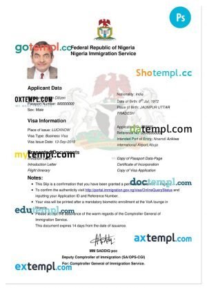 Nigeria electronic travel visa PSD template, completely editable, with fonts
