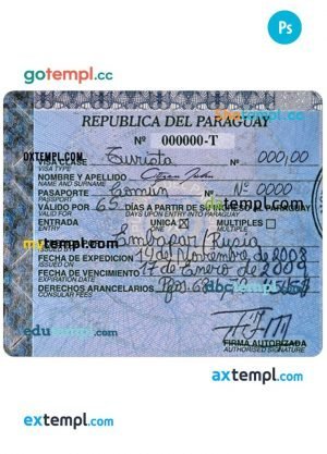 Paraguay entry visa PSD template, with fonts
