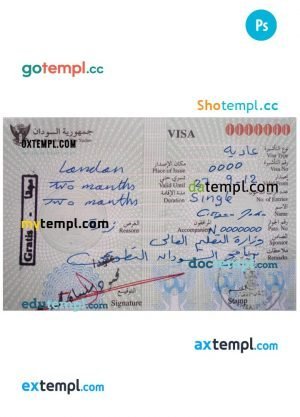 Sudan travel visa PSD template, completely editable, with fonts