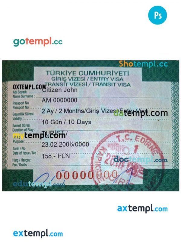 Turkey entry visa PSD template, fully editable