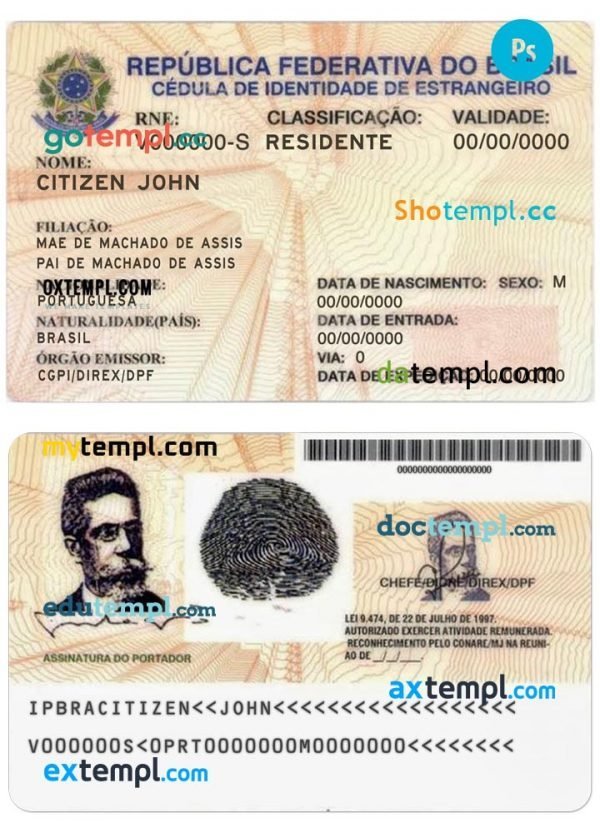 Brasil residence permit PSD template, with fonts