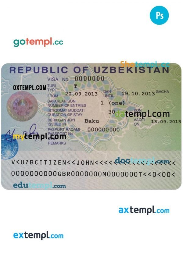 Uzbekistan entry visa PSD template, fully editable