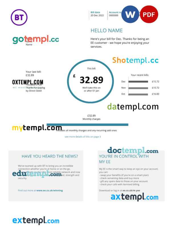 United Kingdom BT telecommunications utility bill template in Word and PDF format, version 1