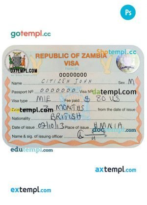 Zambia entry visa PSD template, fully editable
