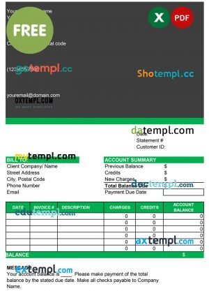 bank account statement sample, Excel and PDF format