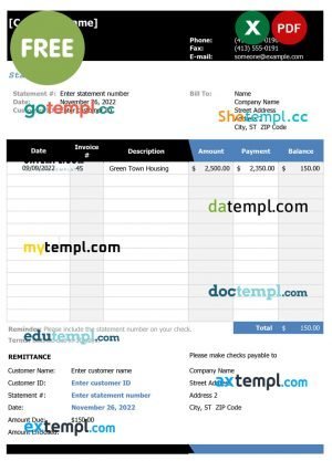 bank statement example template, Excel and PDF format