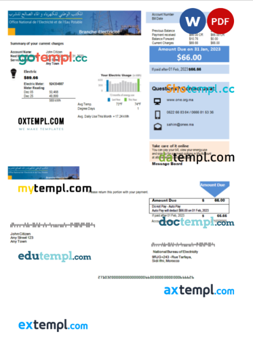 Morocco National Bureau of Electricity utility bill Word and PDF template