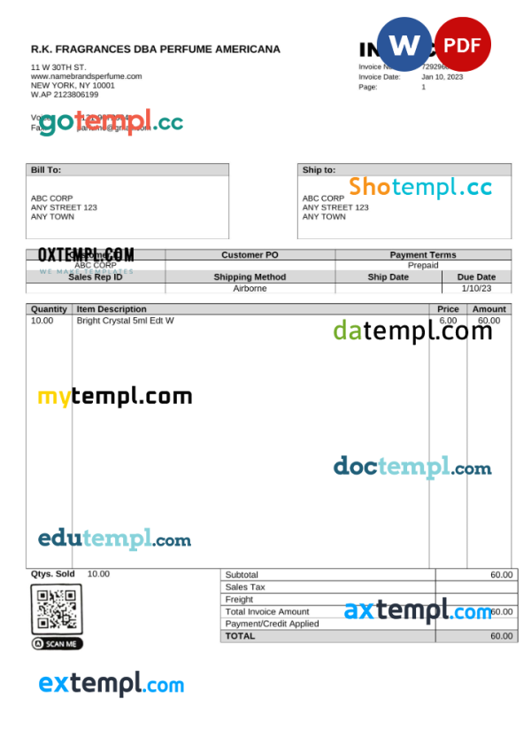 USA R.K. Fragrances DBA Perfume Americana invoice Word and PDF template